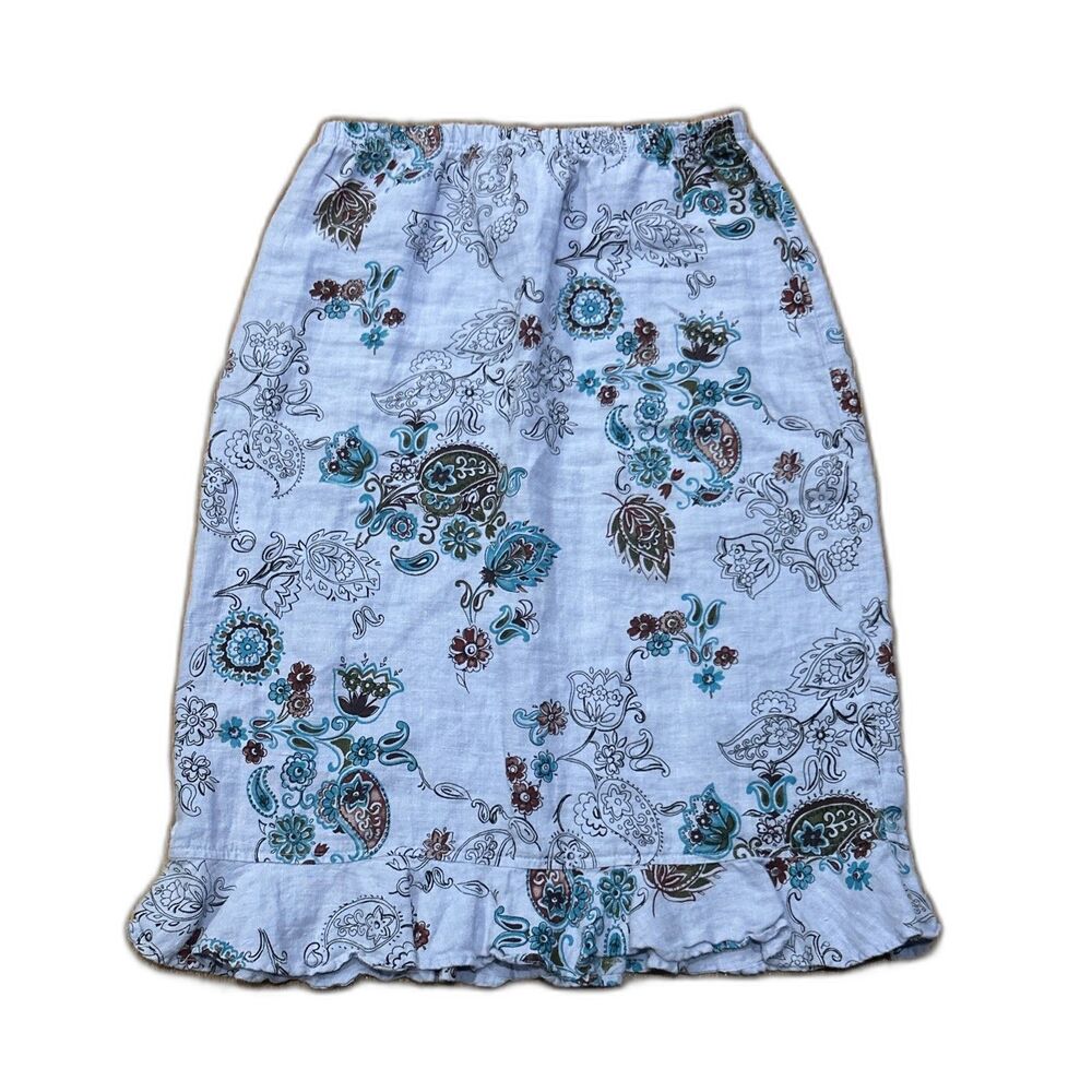 Tom Tom Midi Skirt Womens Medium Linen Elastic Waist Ruffle Floral Stretch Blue
